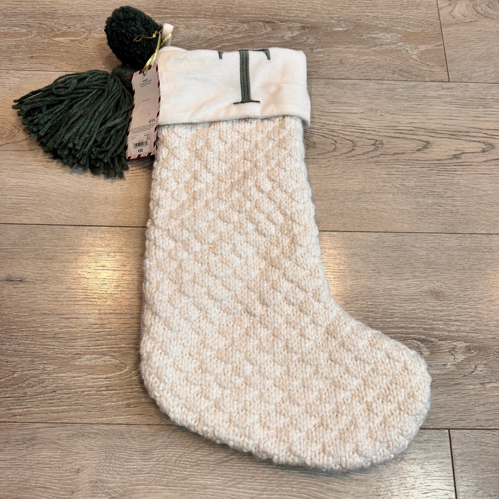 North Pole Trading Co Personalized Monogram T Christmas Stocking Cream Knit‎